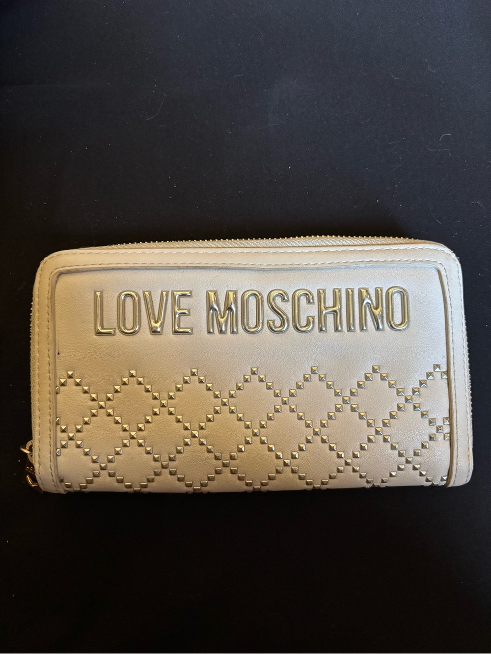 Love Moschino Cream Quilted Stud Zip Wallet with Logo